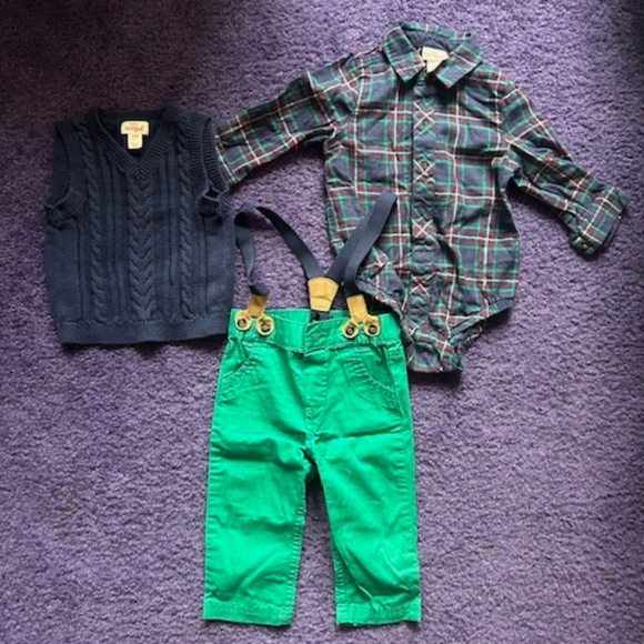 Cat & Jack 3 piece button up shirt, pants with suspenders and sweater vest- 6-9M - Picture 1 of 5